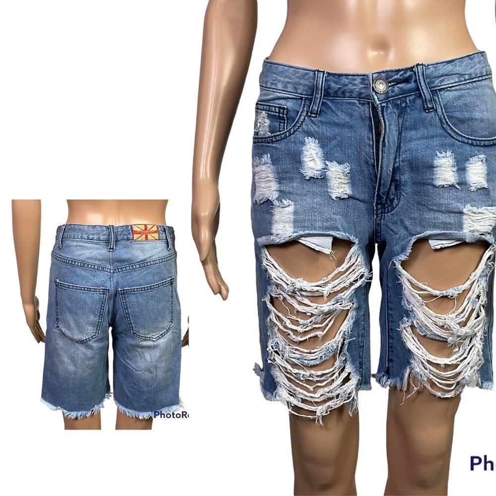 Machine blue distressed cotton denim bermuda jeans shorts 27